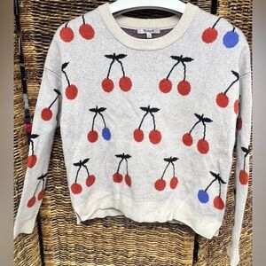 Maxwell- Women's Cherry Pattern Sweater - Cream, Red, and Blue, XSmall